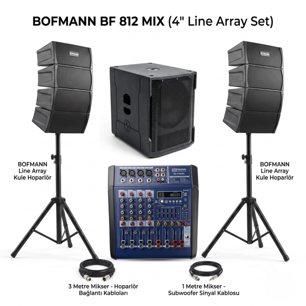 Aktif Ses Sistemi 800W (12" Subwoofer + 8x4" Line Array + 2x200 Watt Mikser)