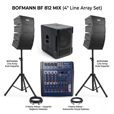 Aktif Ses Sistemi 800W (12" Subwoofer + 8x4" Line Array + 2x200 Watt Mikser)